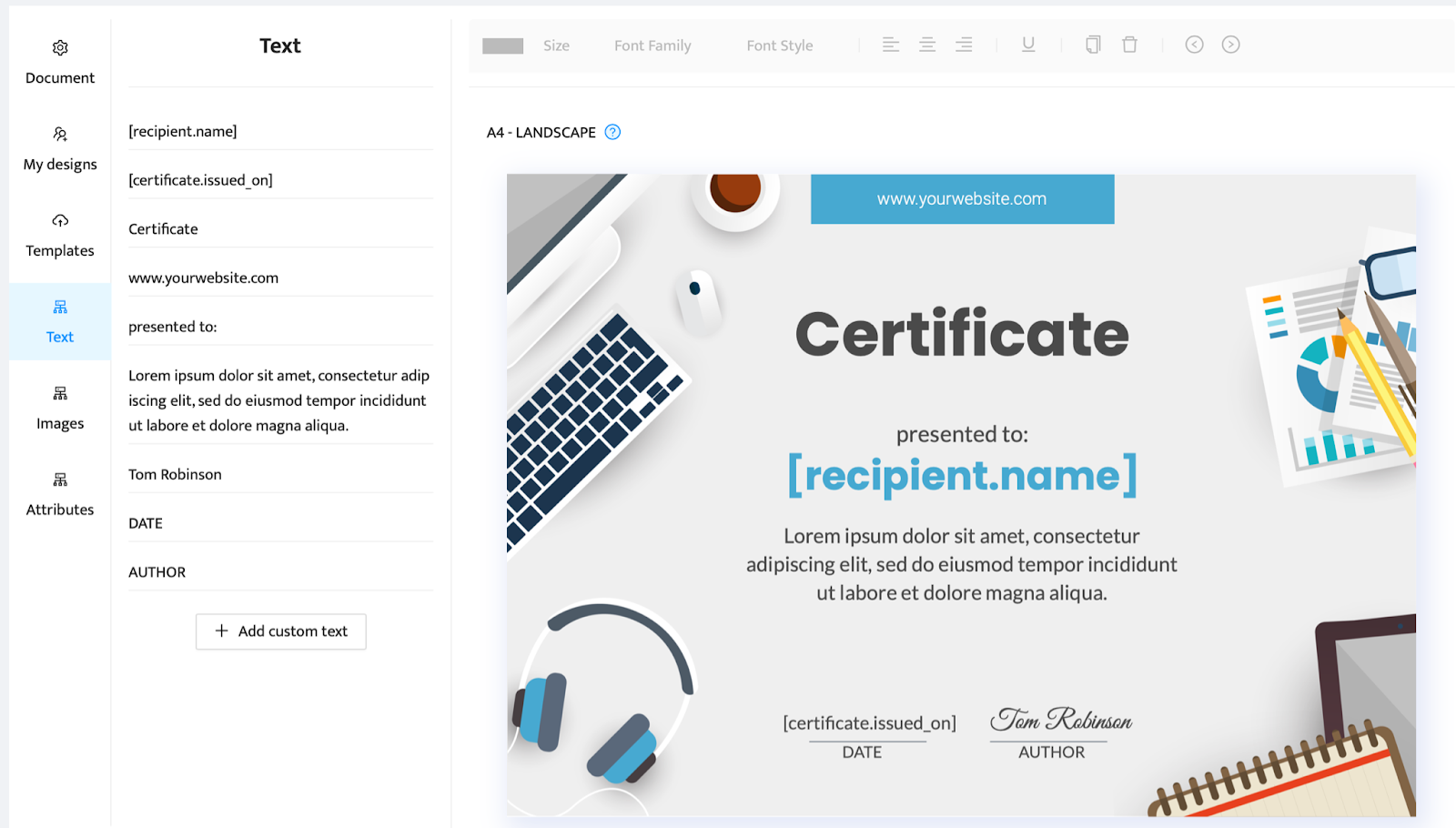 Certificate with custom text 