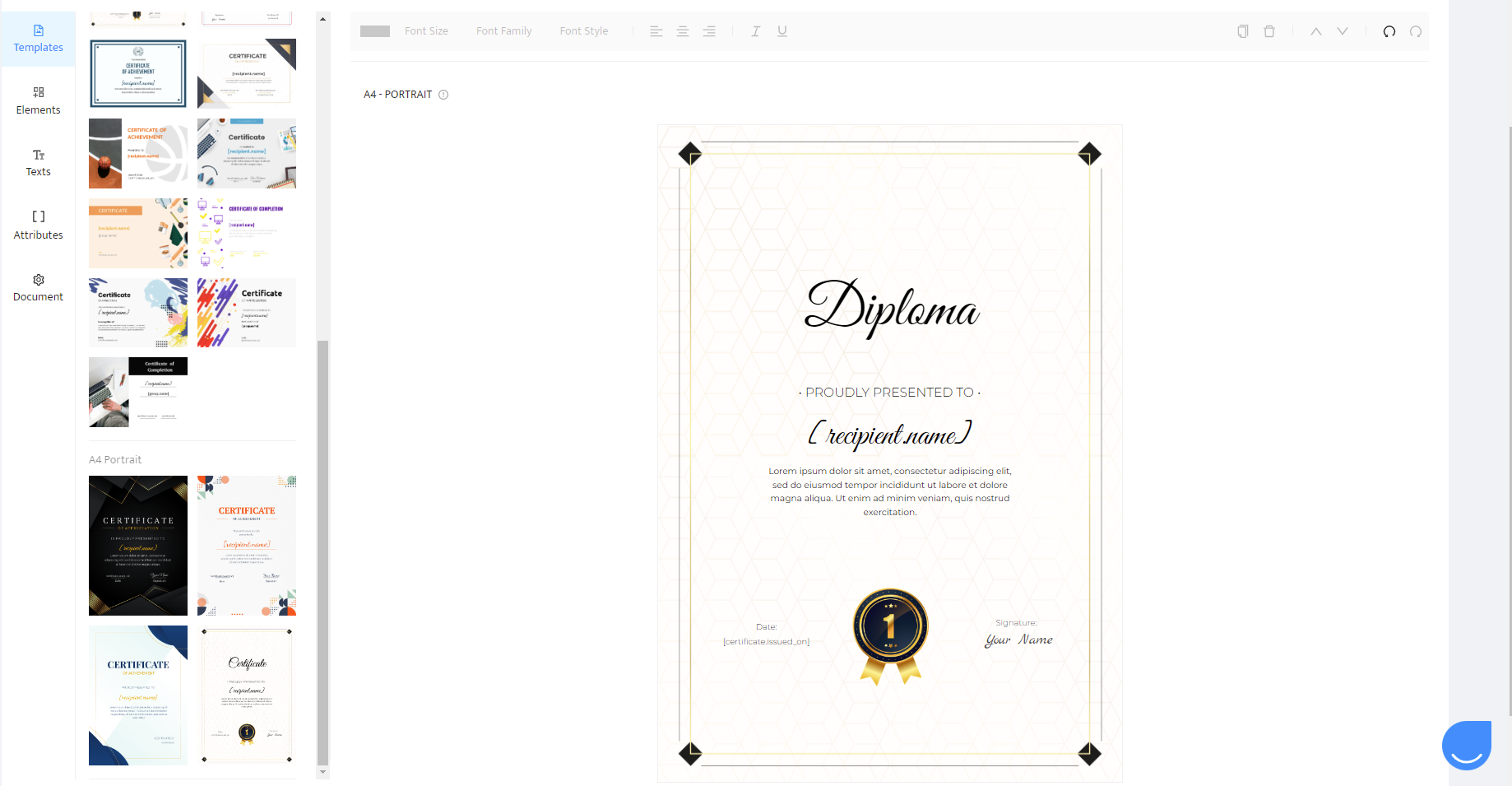 The display showing diplomas templates available on Certifier diploma generator.