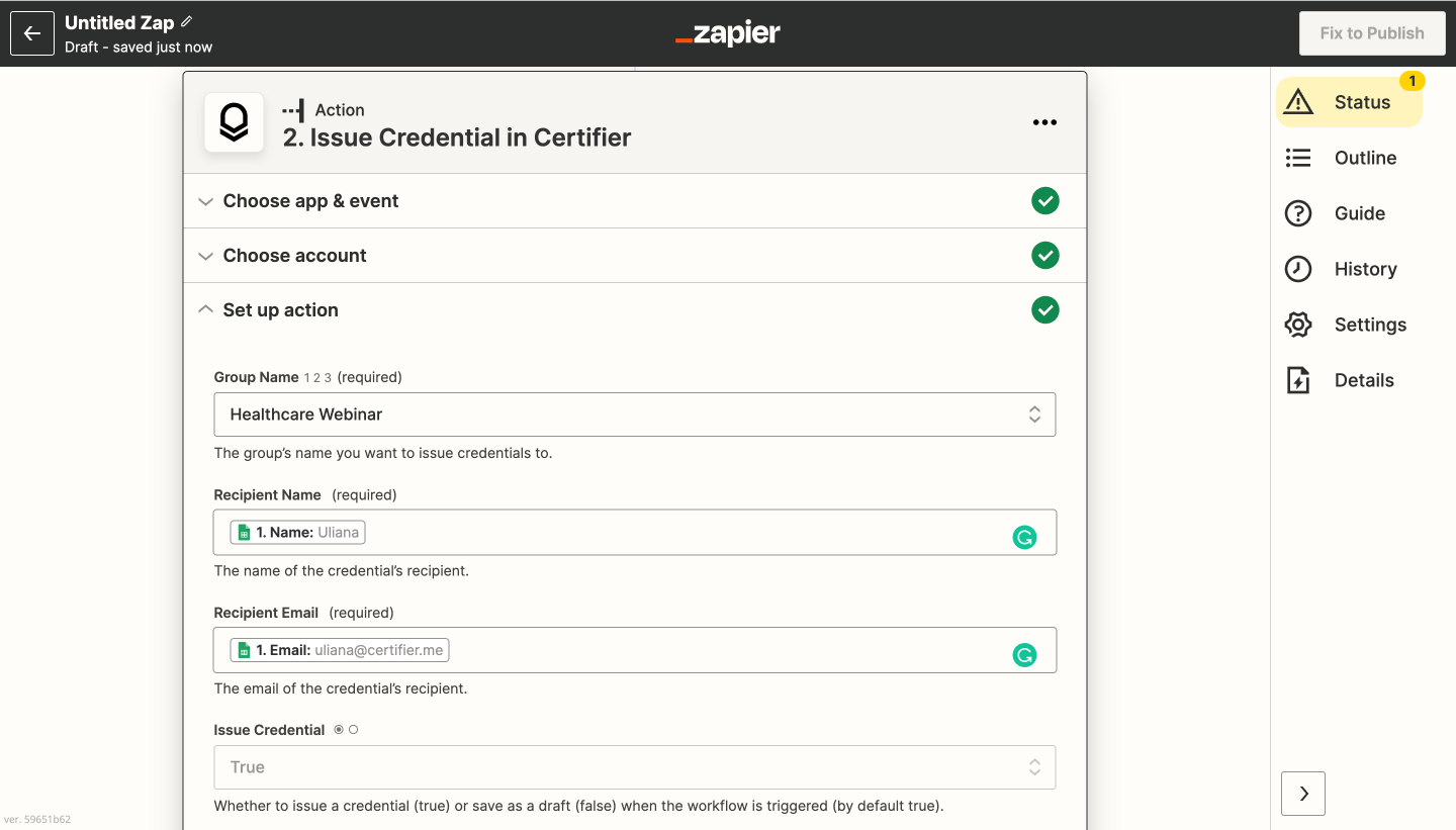 Certifier x Zapier - fields in the action section
