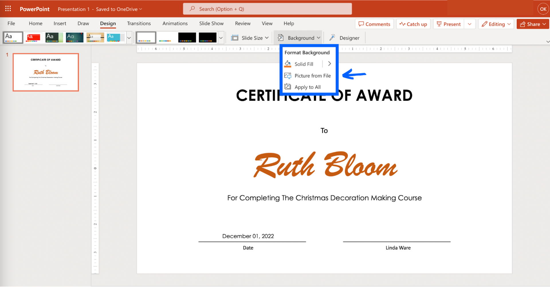 Adding background to the certificate in PowerPoint.