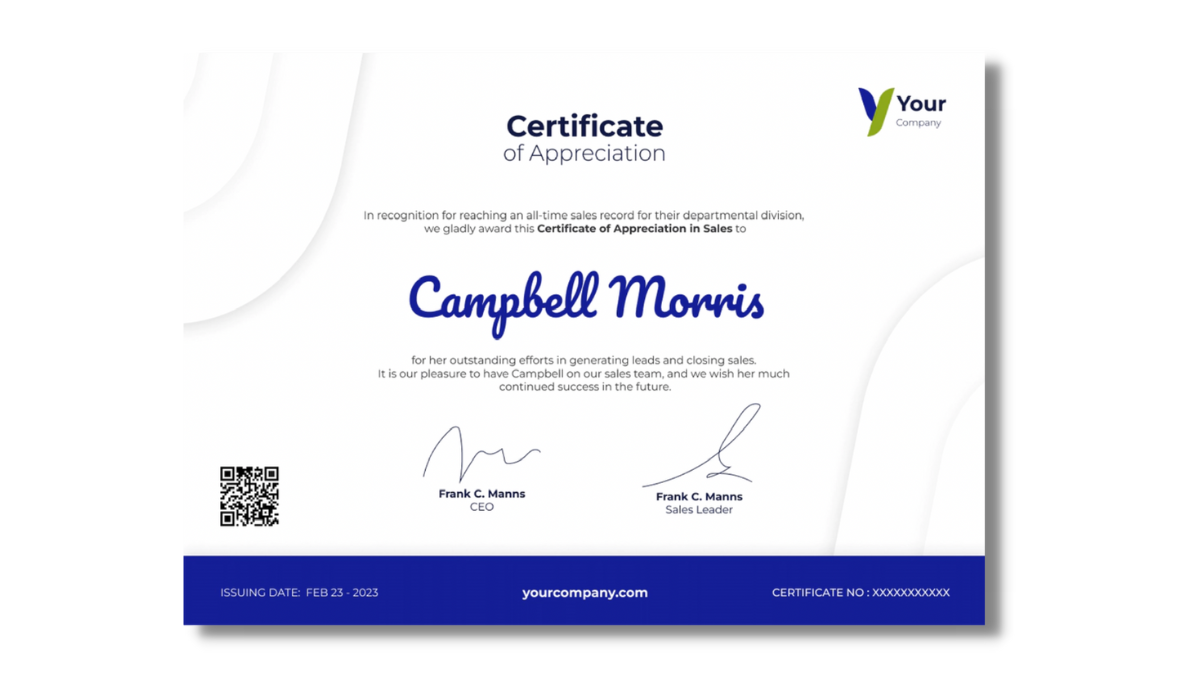 Modern certificate of appreciation template with grey and blue elements from Certifier free certificate templates library.
