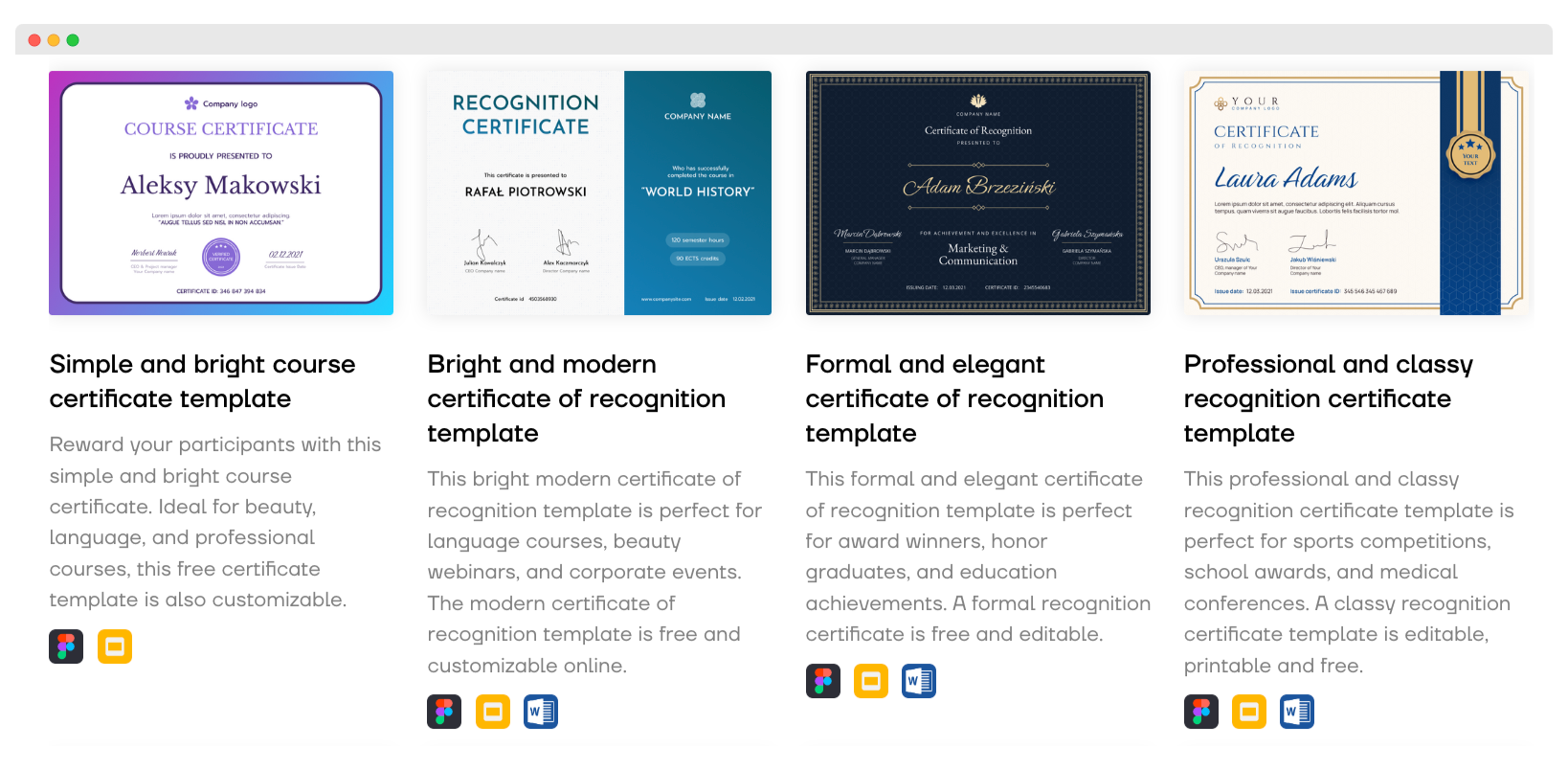 Library of certificate templates for coaching business.