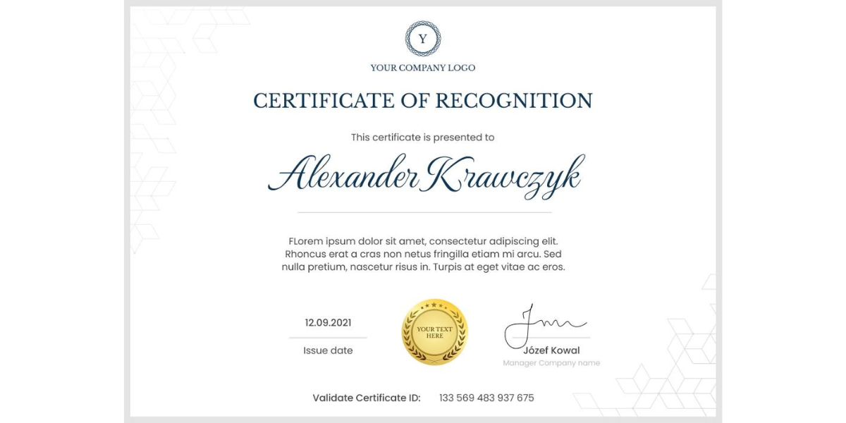 Minimalistic certificate of recognition template.