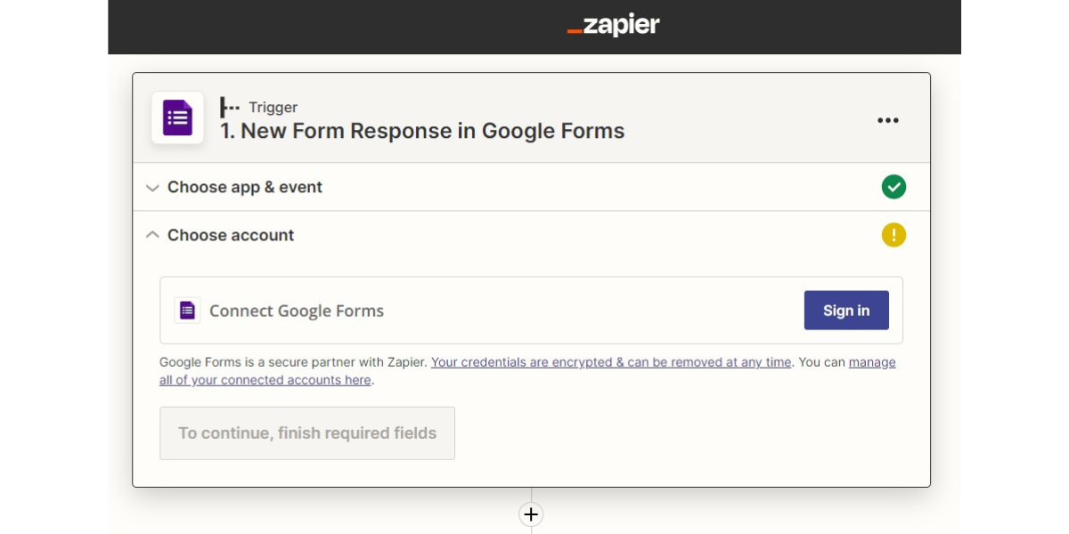 Choosing Google Forms account to integrate it with Certifier via Zapier.