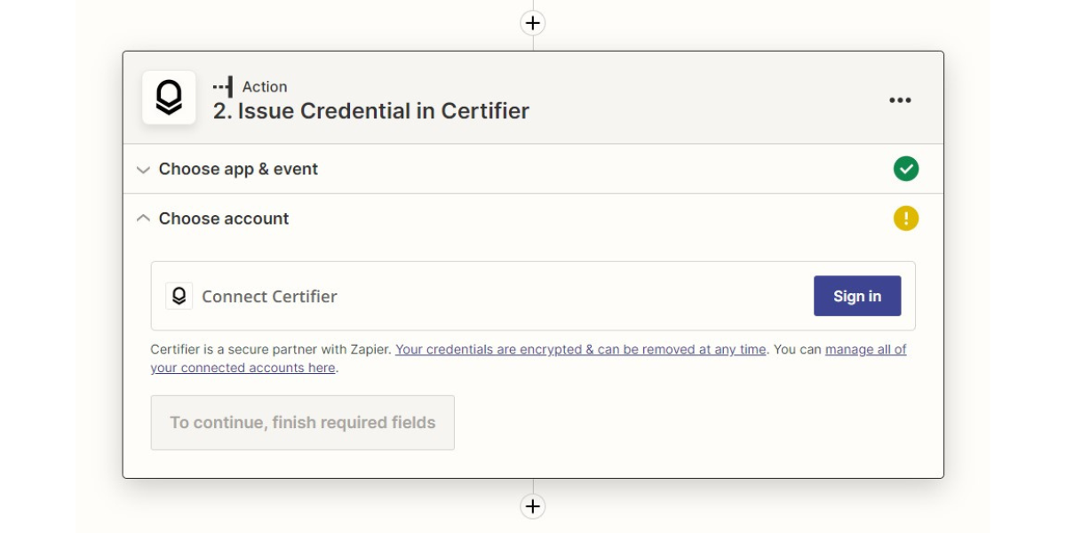 Choosing the Certifier account in Zapier.