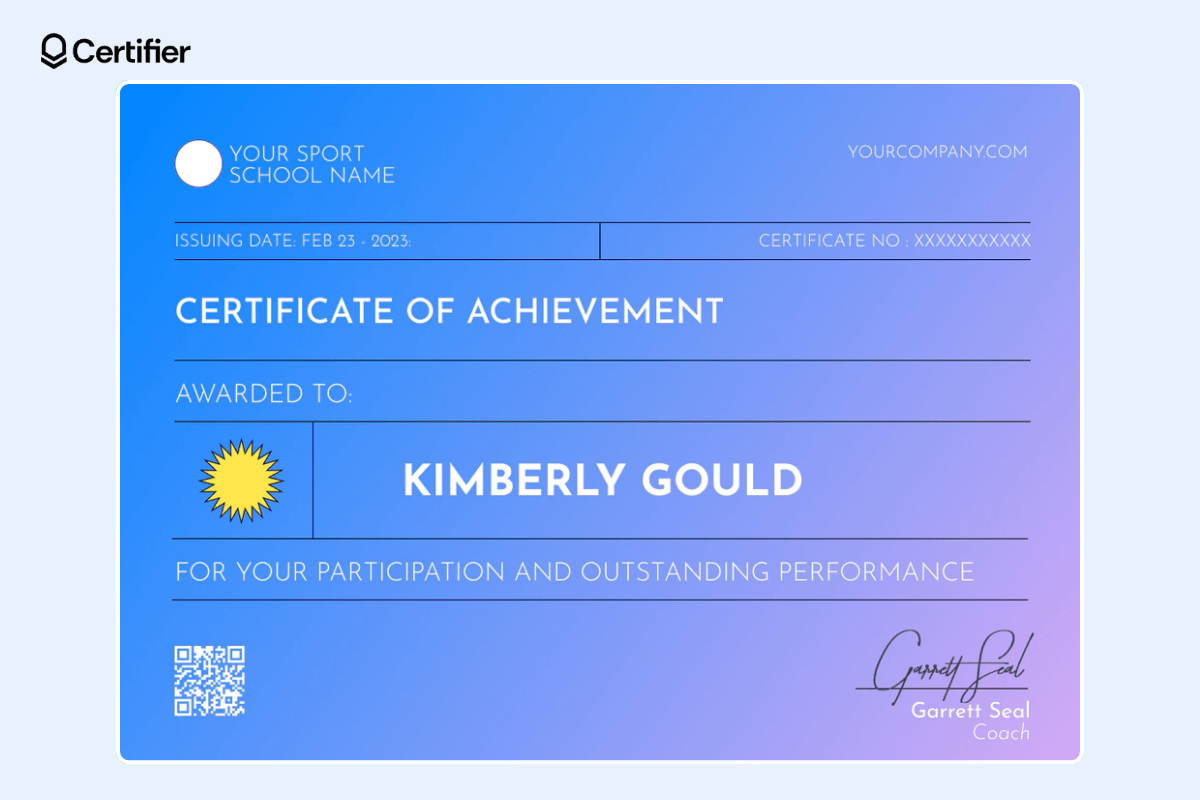 Pastel blue PowerPoint certificate template from Certifier library.