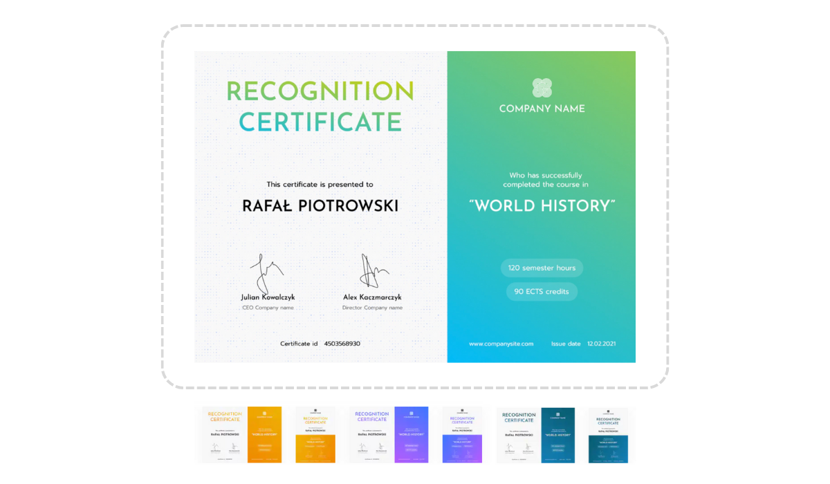 Colorful certificate of recognition from free PowerPoint certificate templates library in Certifier.