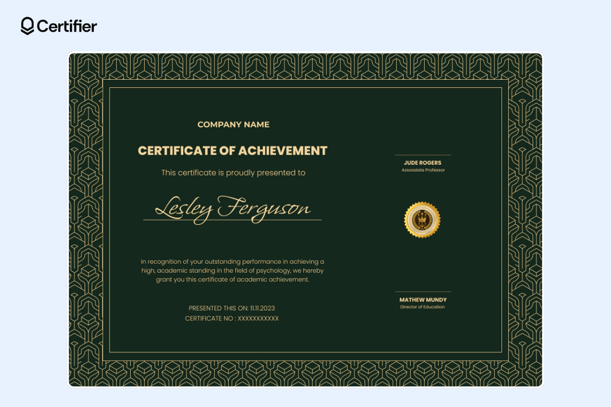 Green with golden elements traditional certificate of achievement templates.