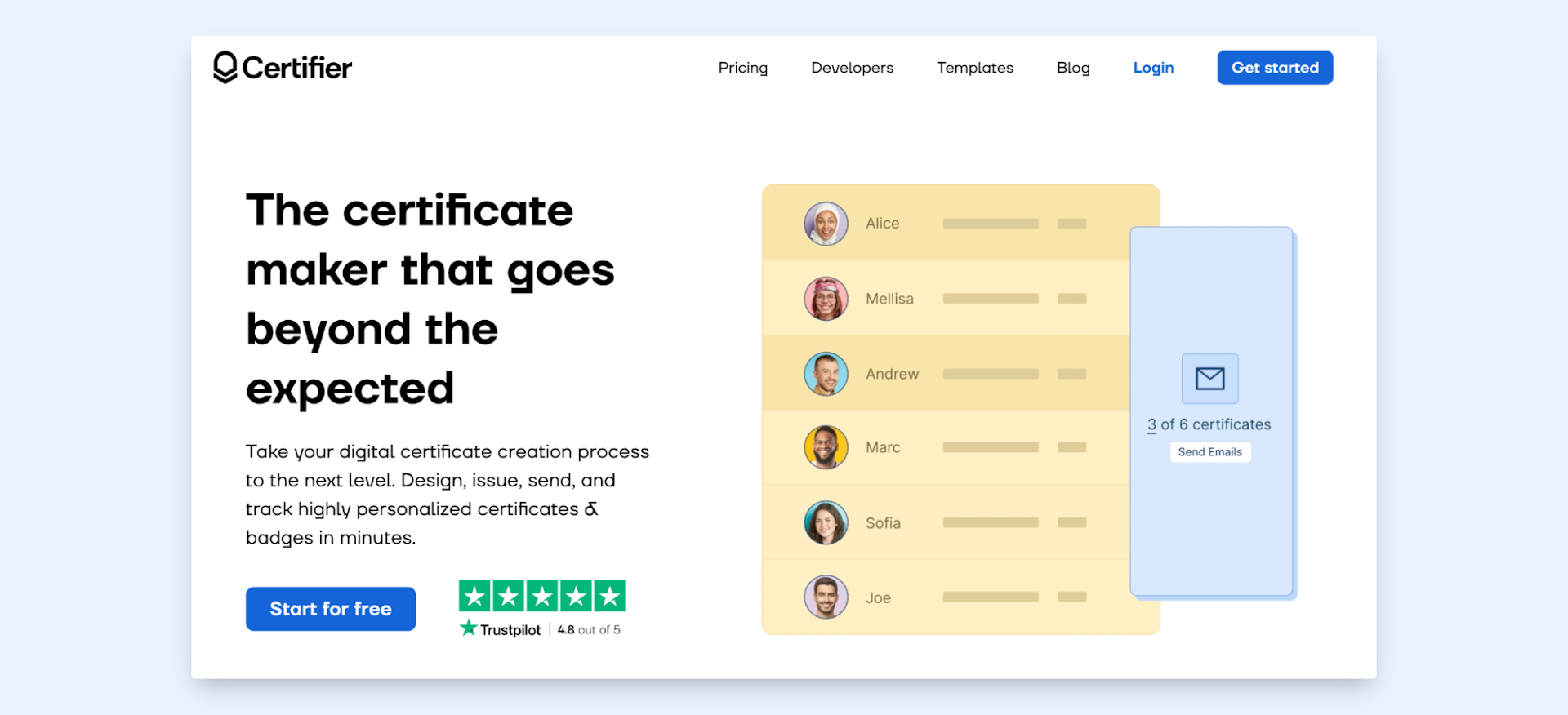 Dashboard for creating employee of the month certificates.