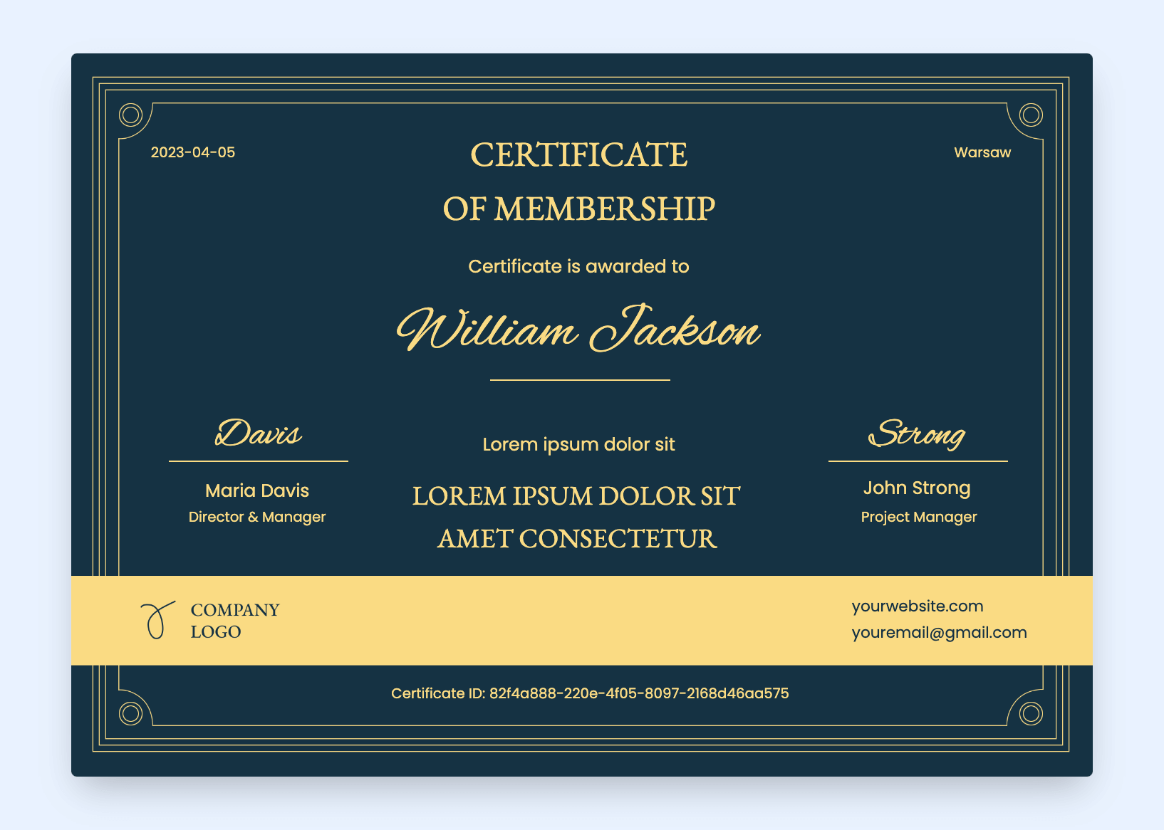 Dark blue with golden elements certificate of membership template.