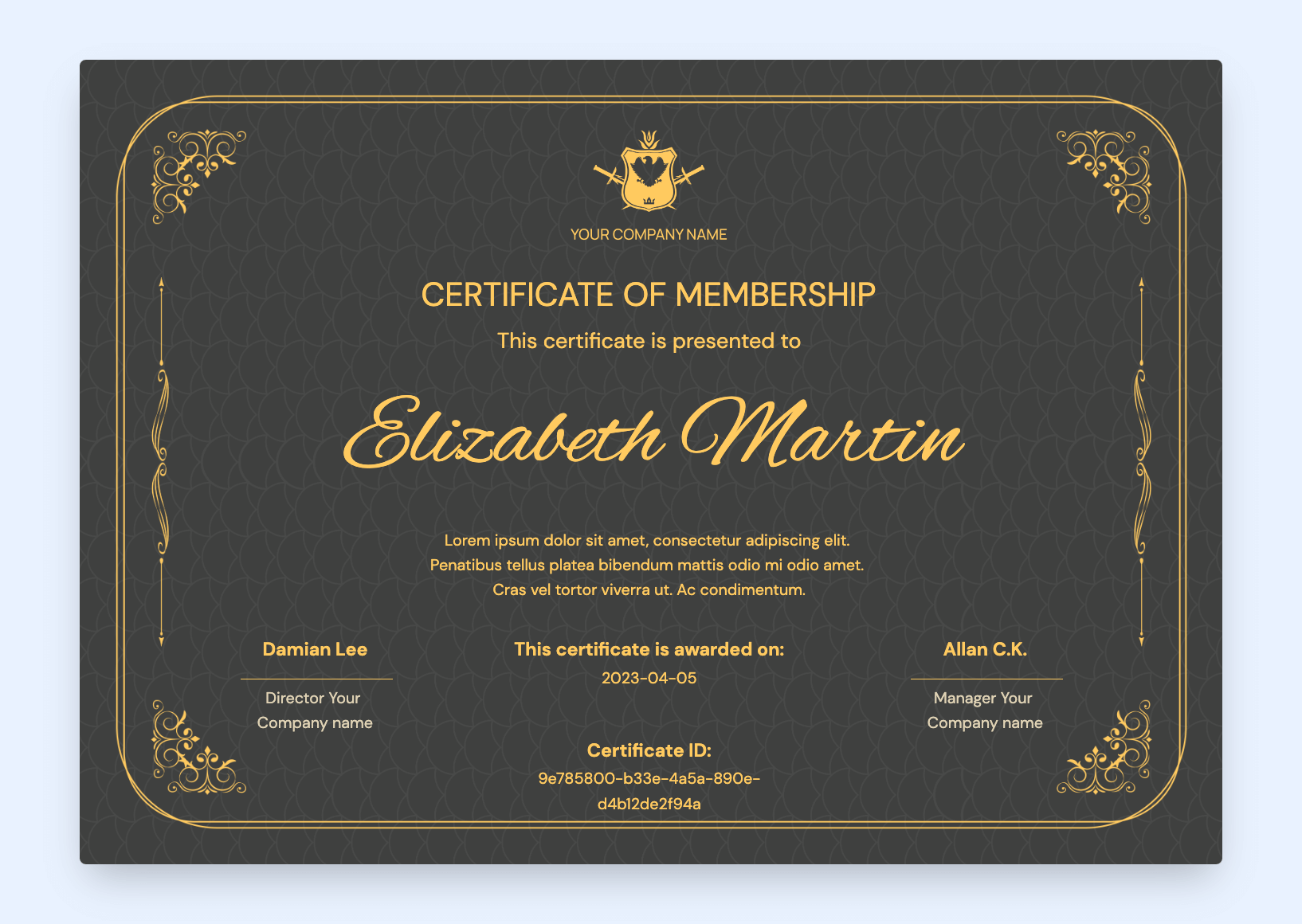 Dark green, elegant and stylish certificate of membership.