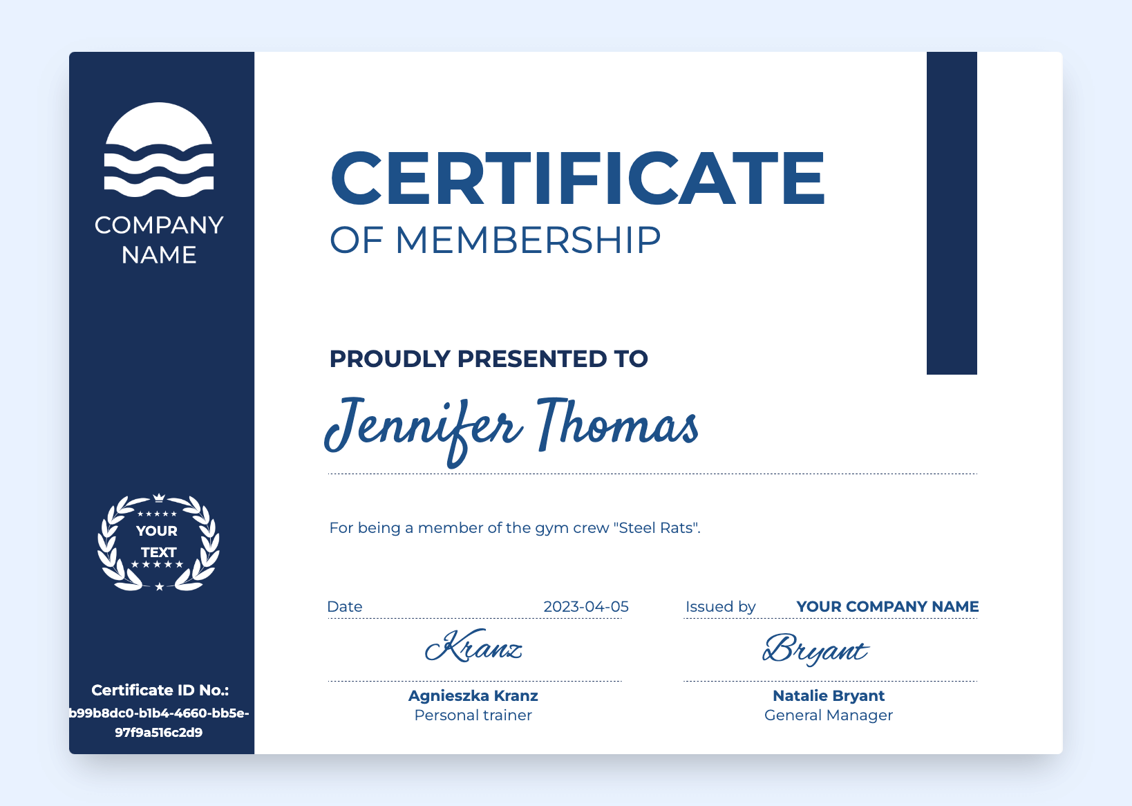 Gym membership certificate.