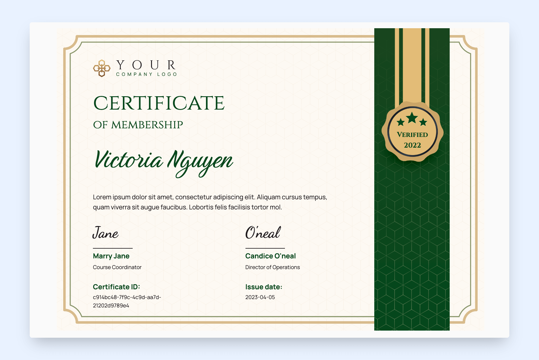 College-vibe certificate of membership with gold badge.