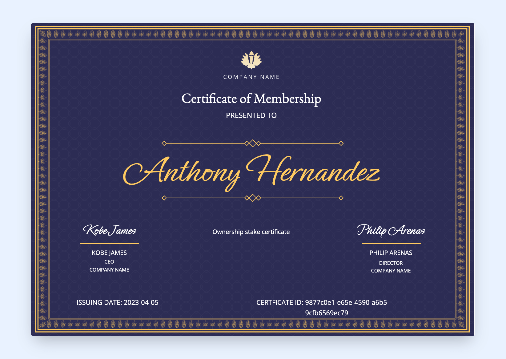Violet certificate of membership with gold frame.
