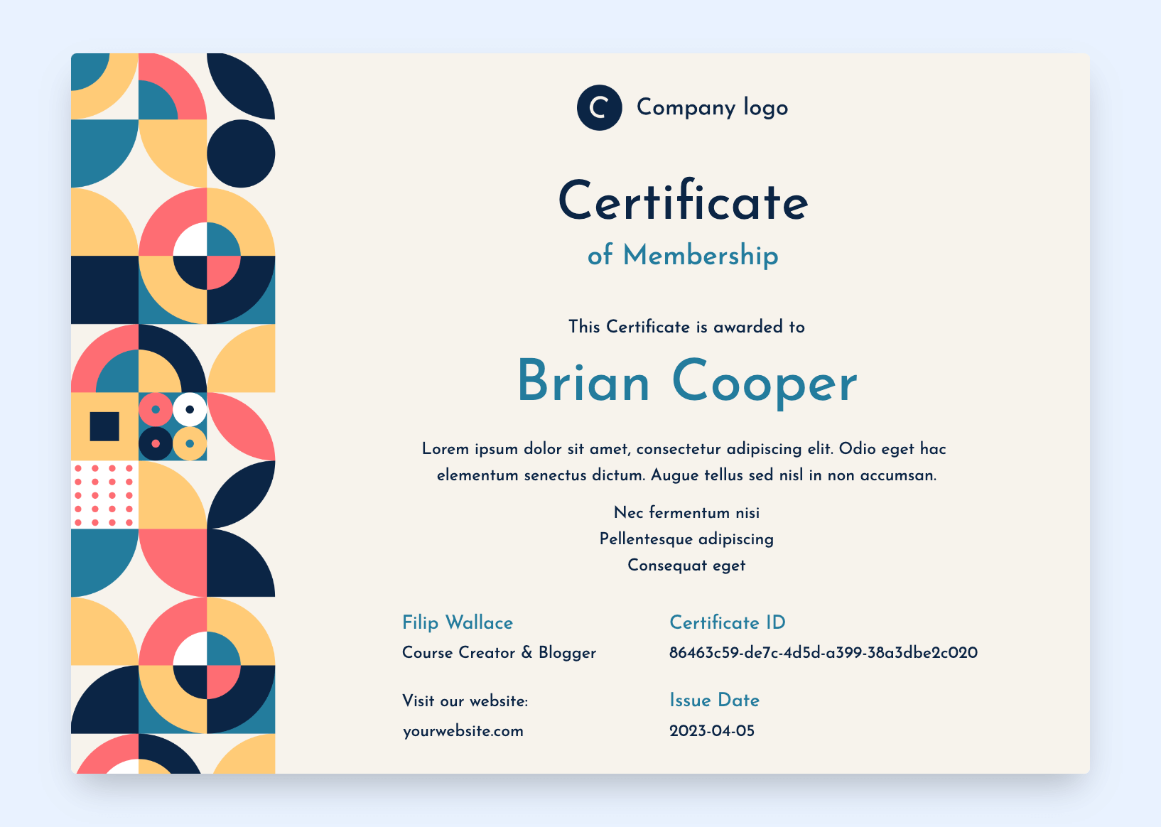 Certificate of membership with abstract elements.