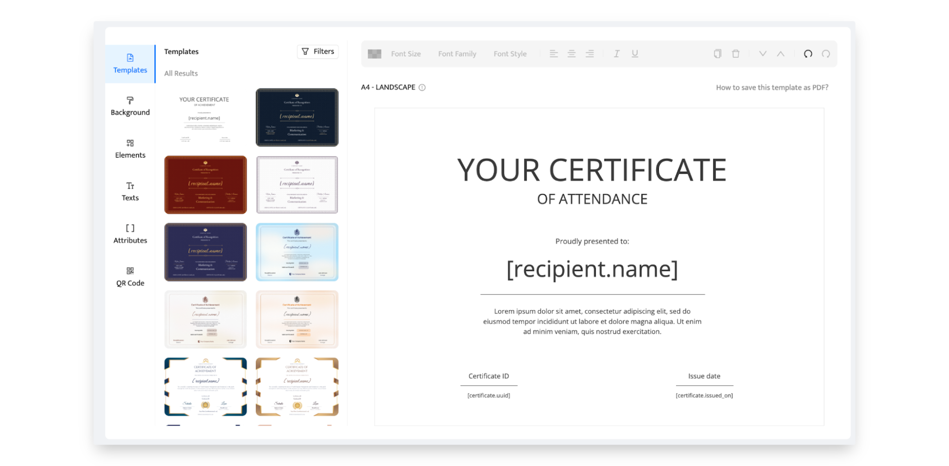 Certifier simple drag & drop dashboard for creating your own certificate from scratch.
