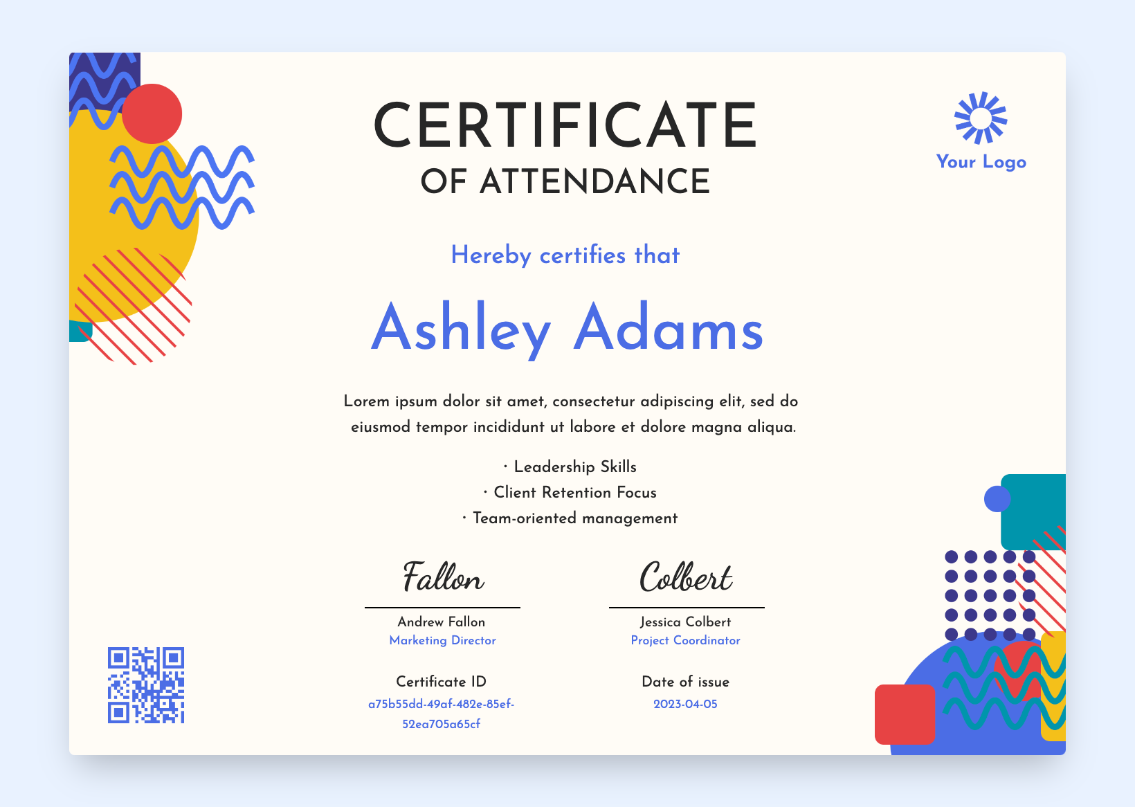 Colorful certificate of attendance with abstract elements.