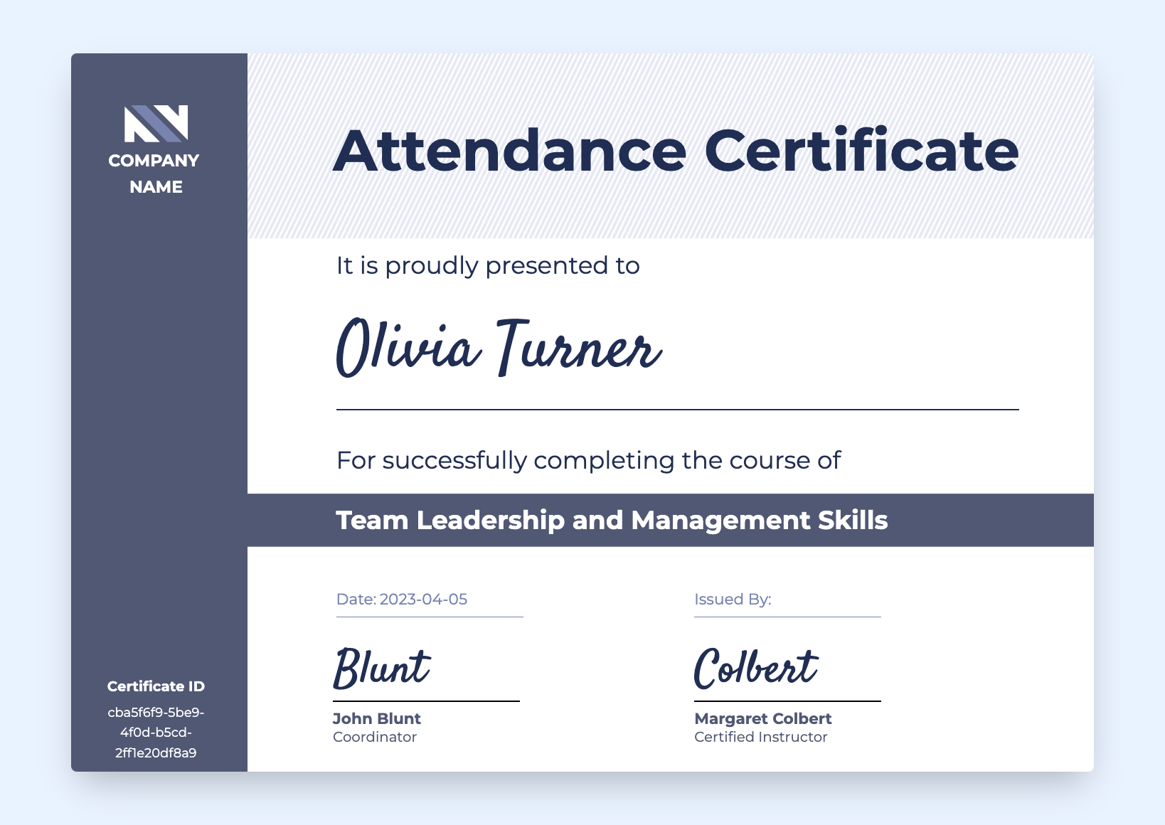 Grey attendance certificate with clear and minimalistic layout.