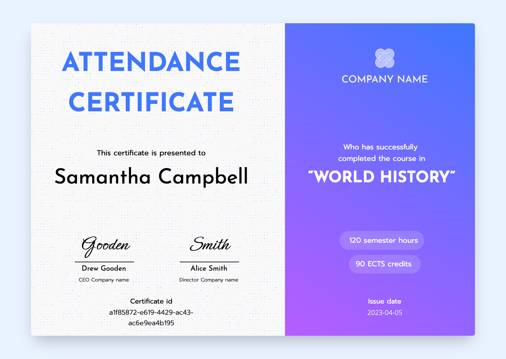 Modern certificate of attendance with highlighted part of the layout.