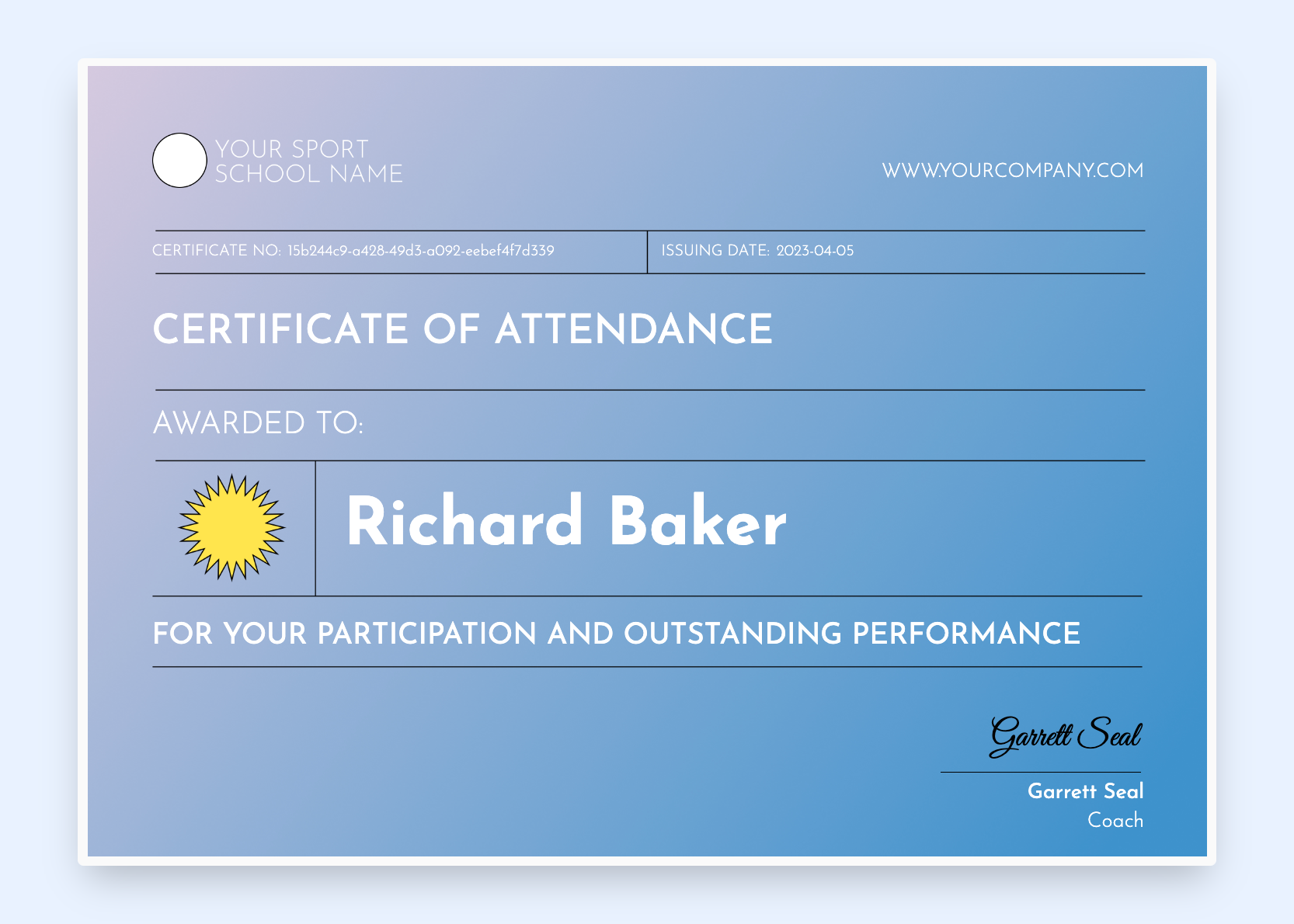 Playful certificate of attendance with colorful gradient.