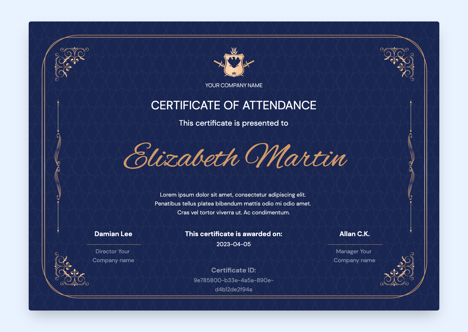 Stylish dark blue certificate of attendance template.