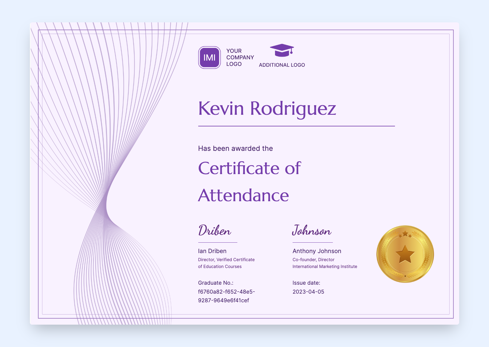 The certificate of attendance with purple colors and lines.