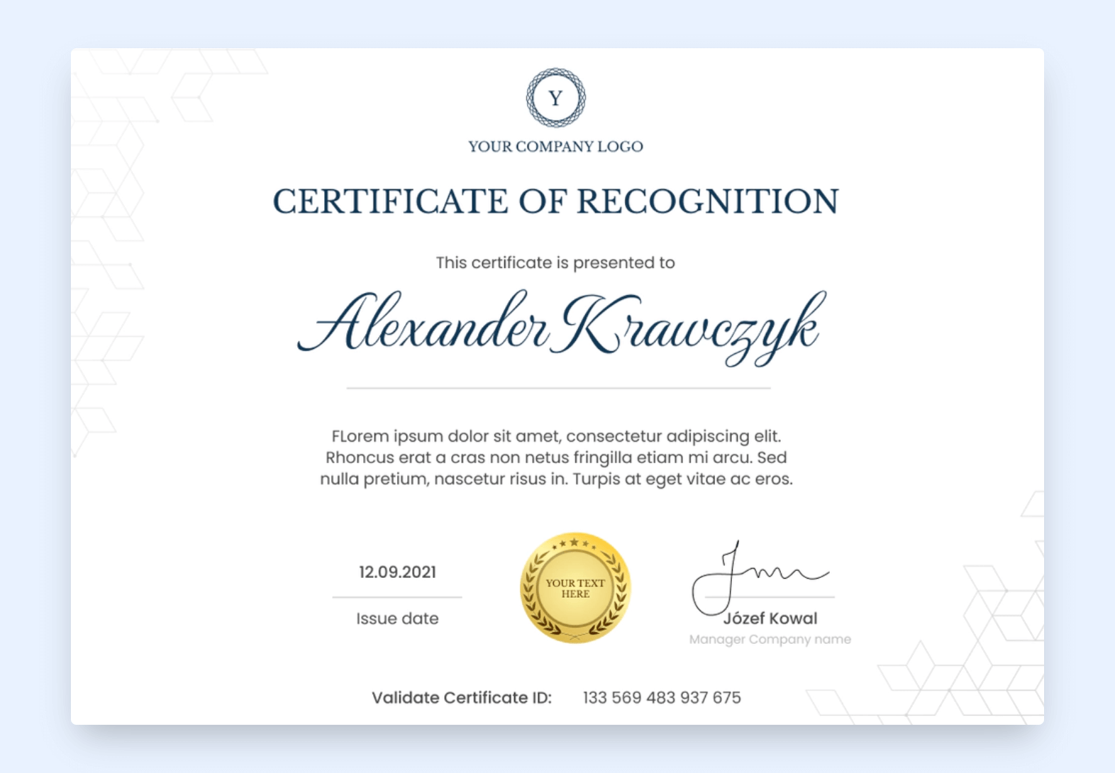 Simple Google Slides certificate of recognition template.