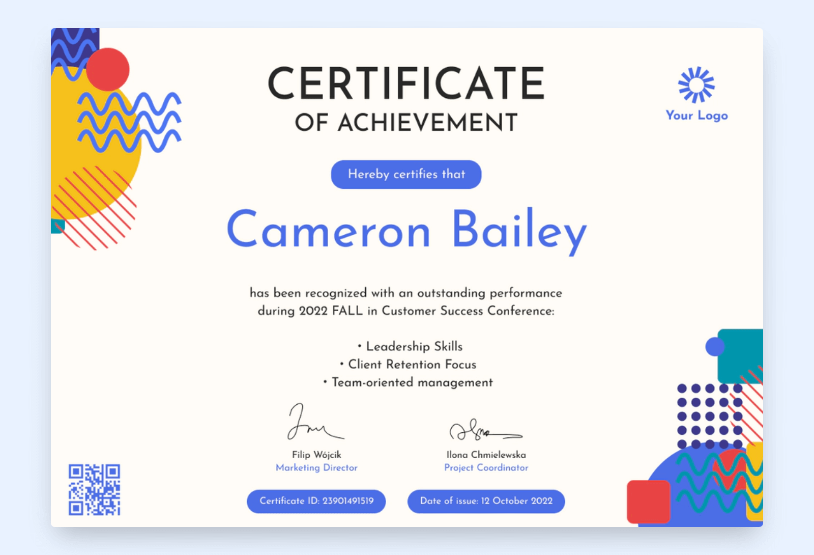 Certificate with abstract shapes and colorful elements.