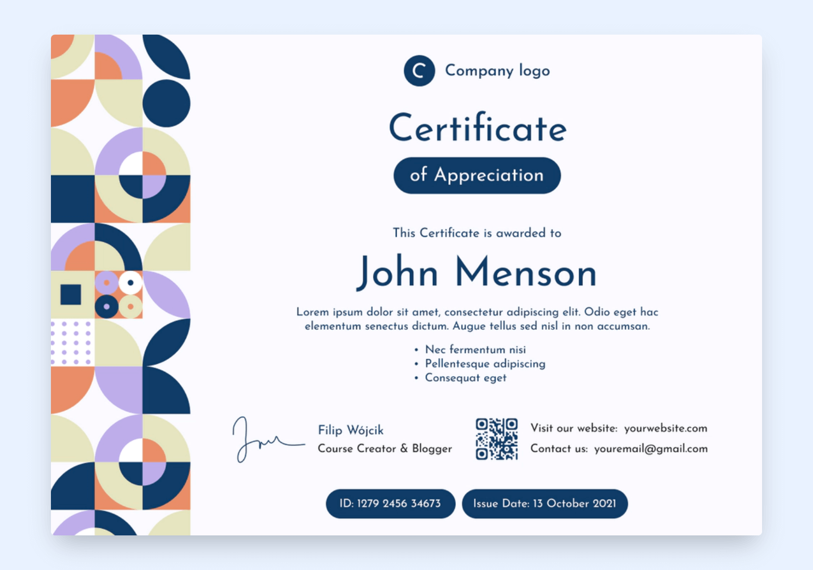 Corporate success diploma with abstract elements.