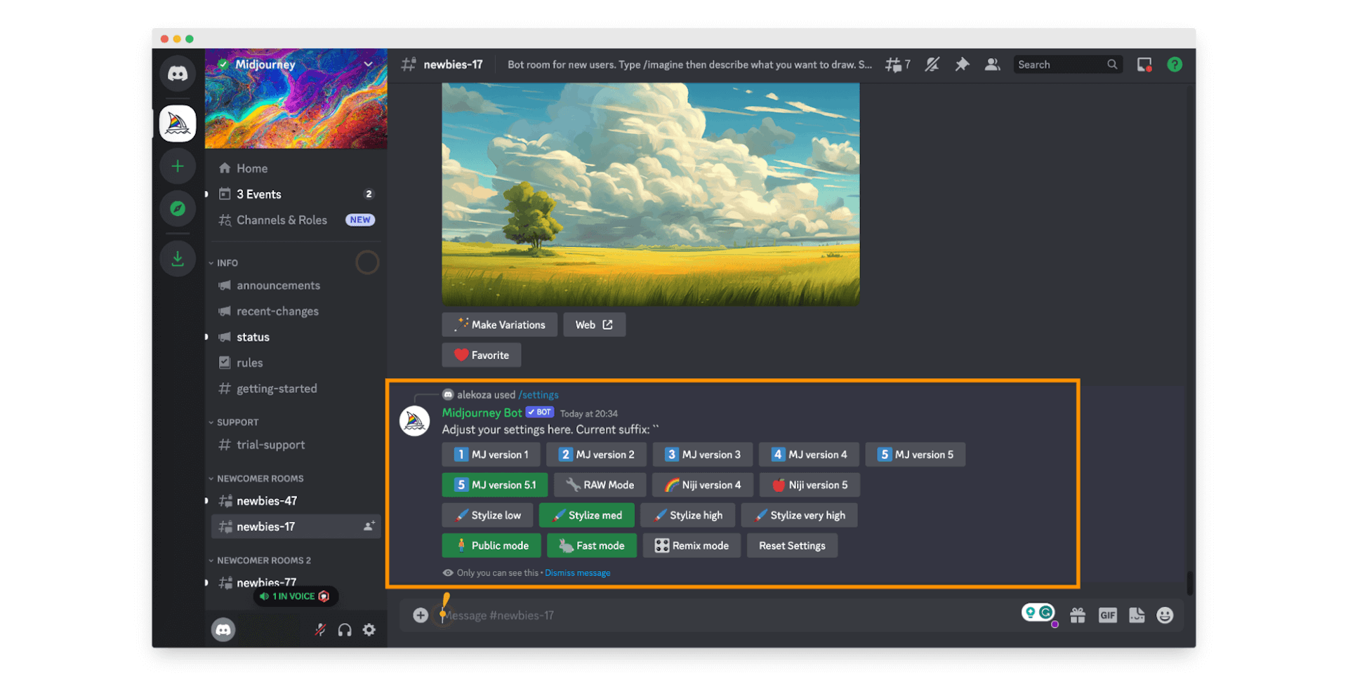 Setting up prompt results to generate certificate in Midjourney Discord. 