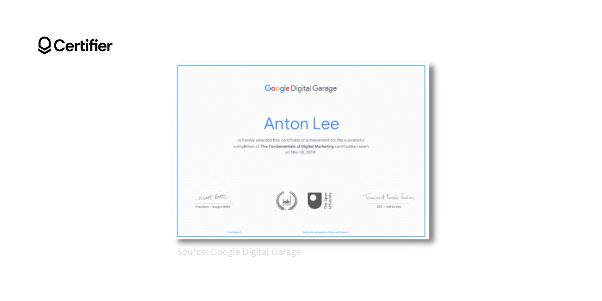 Google Digital Garage course certificate design inspiration.