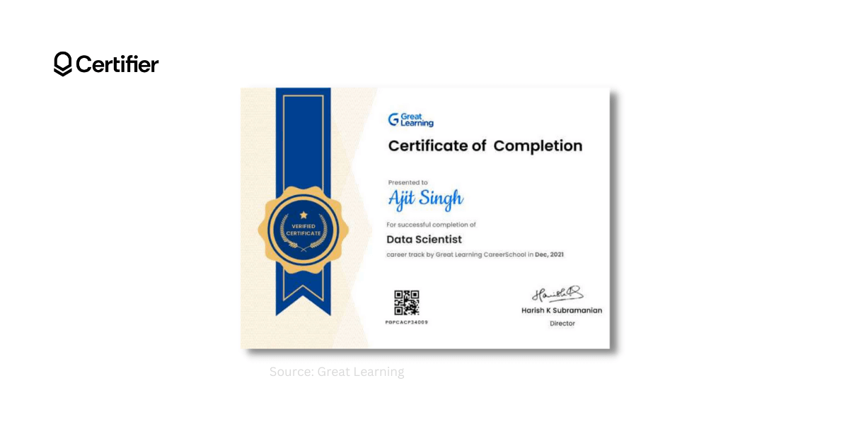 Great Learning certificate design inspiration.