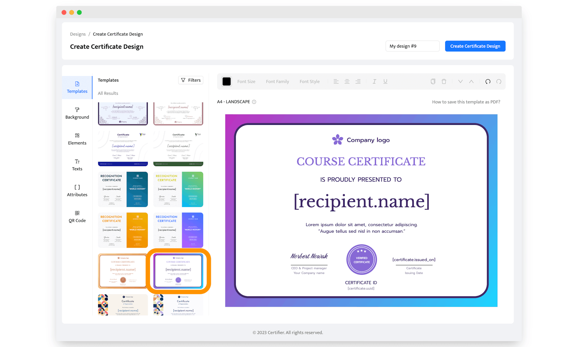 Choosing certificate template in Certifier dashboard.
