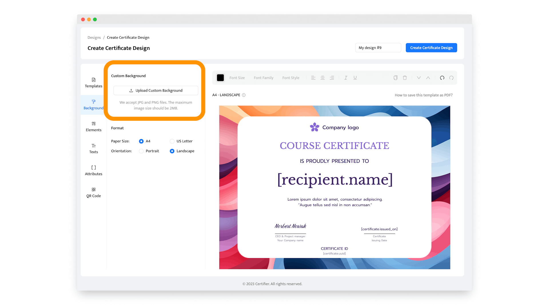 Uploading certificate background generated by AI in Certifier certificate maker.