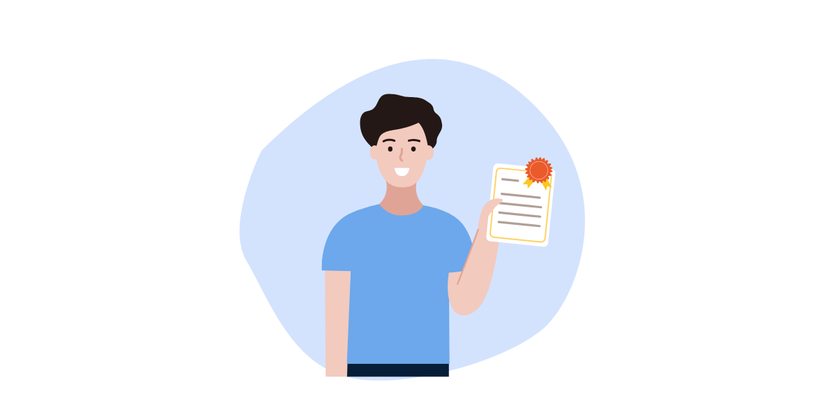 A graphic of a man that is holding a certificate generated in certification software.