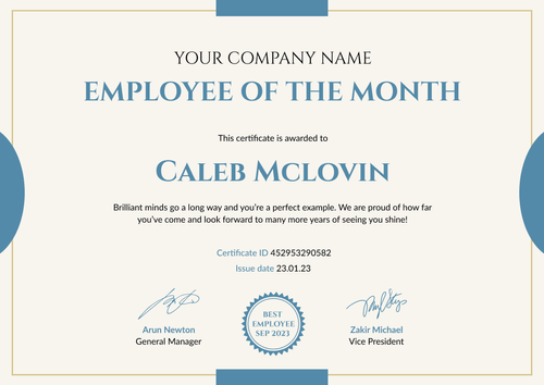 Minimalistic and simple employee of the month certificate template landscape