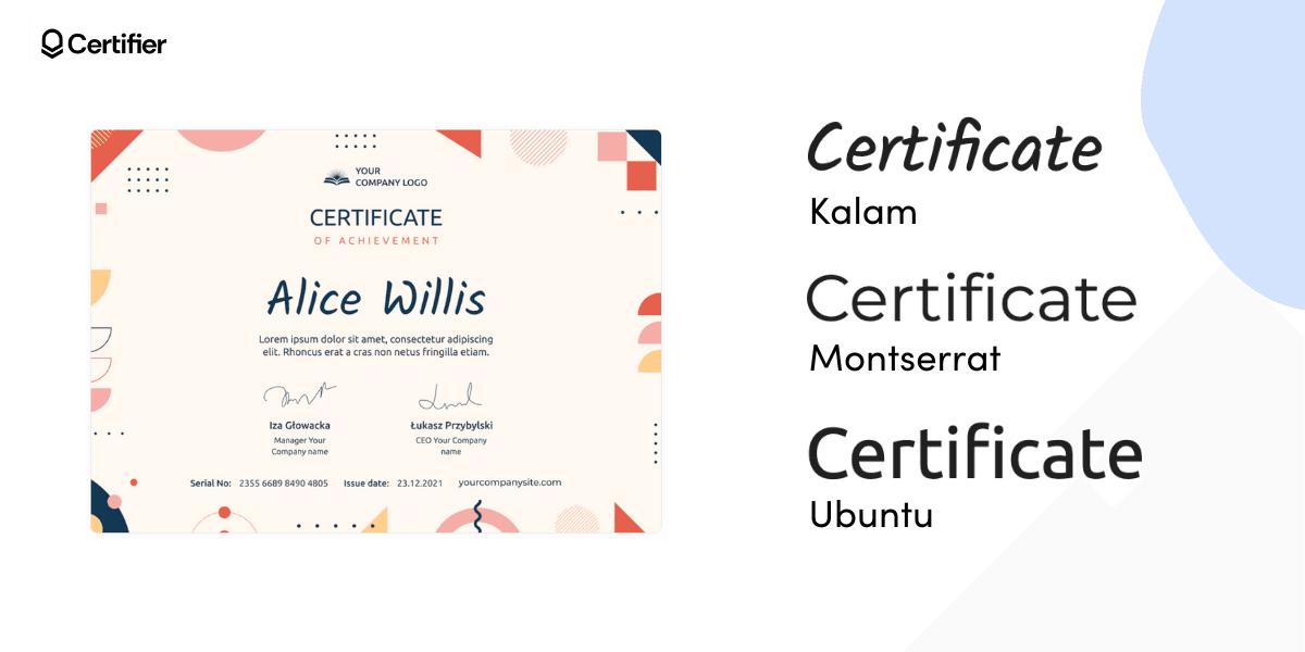 Modern and playful certificate fonts: Kalam, Montserrat, Ubuntu.