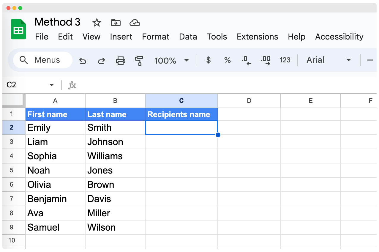 Picking an empty cell to enter the TEXTJOIN formula to combine first and last name in Google Sheets.