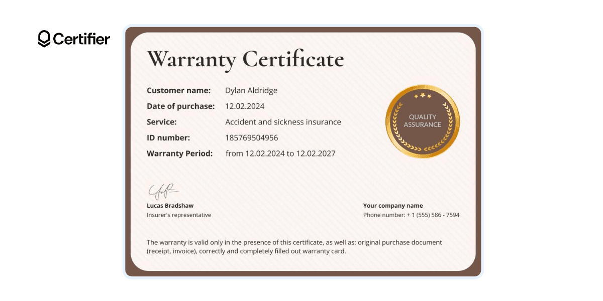 Warranty certificate template in brown colors.