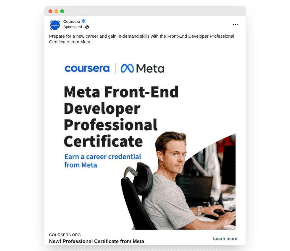 An ad from Coursera that focuses on the objective value of a course.