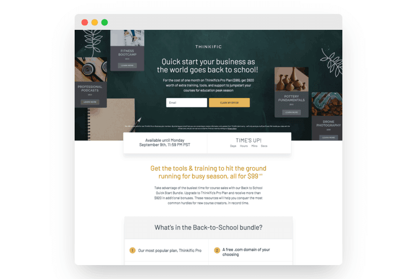 Thinkific landing page shows best practices of landing page design.