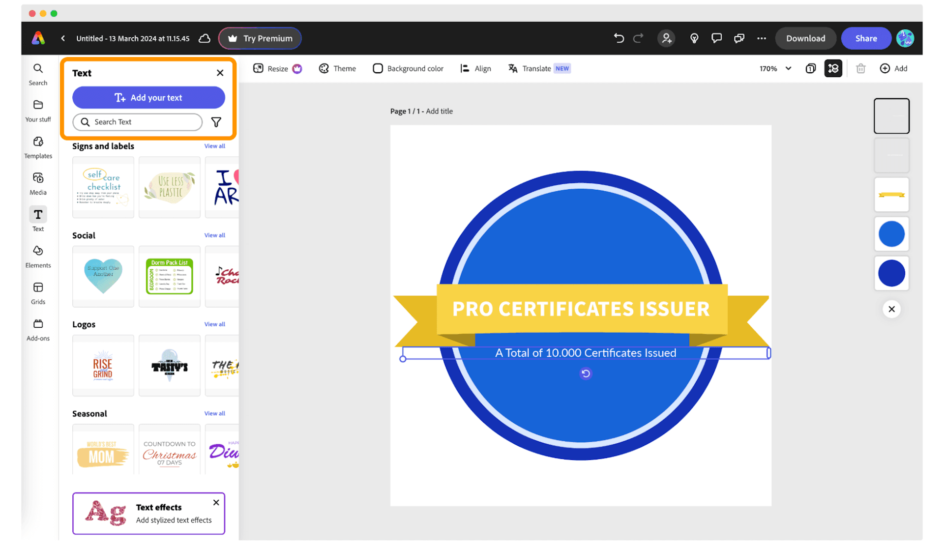 Adding text to the badge design in Adobe Express.