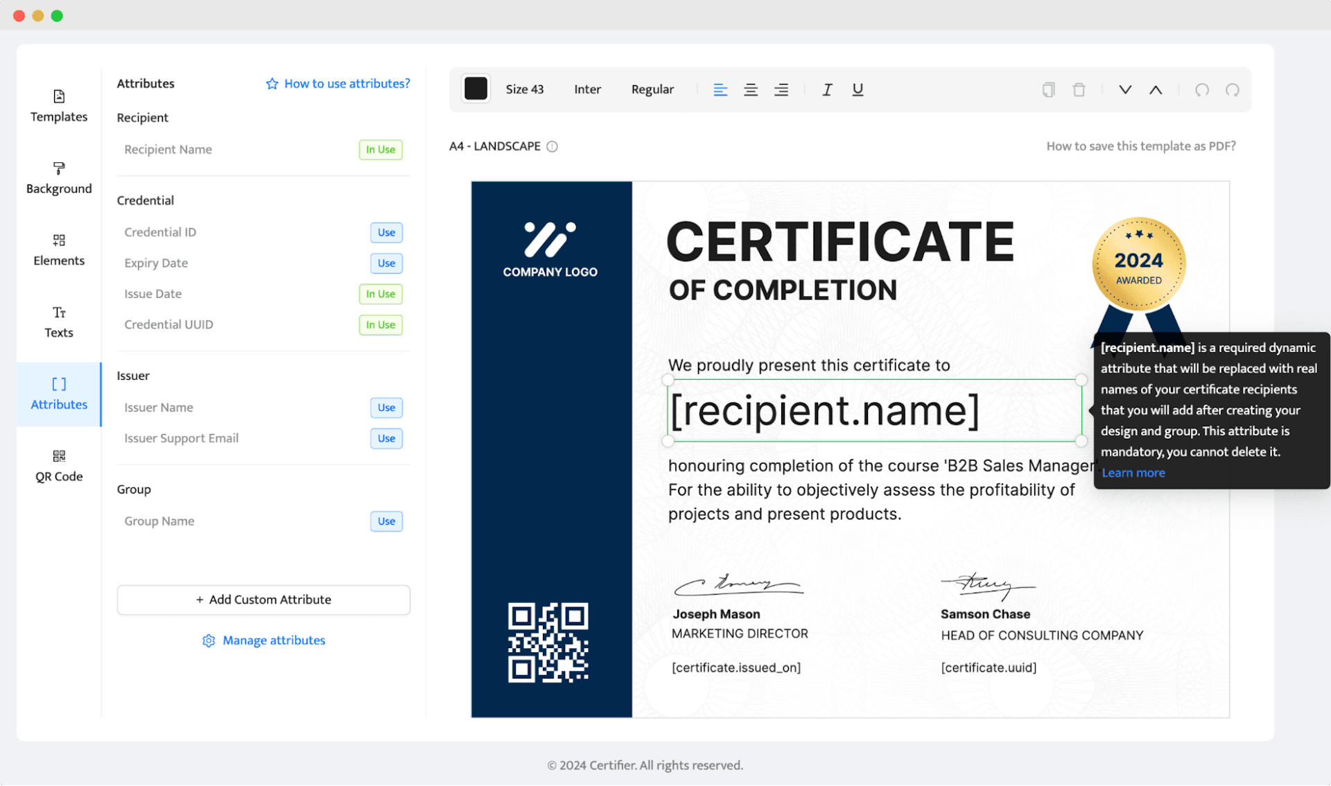 Adding the dynamic attributes to certificate design to generate them in bulk.