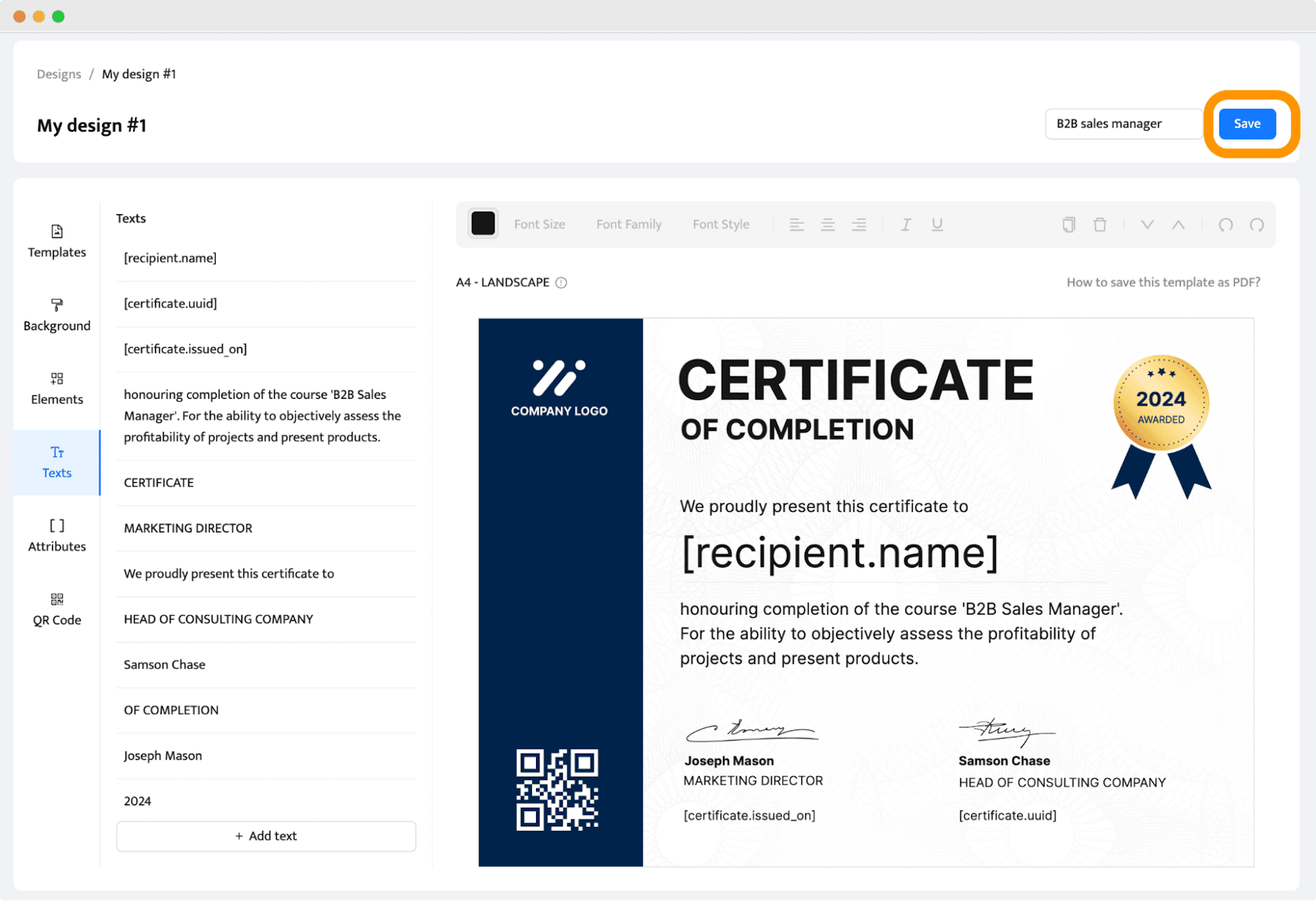 Creating certificate design to generate in bulk.