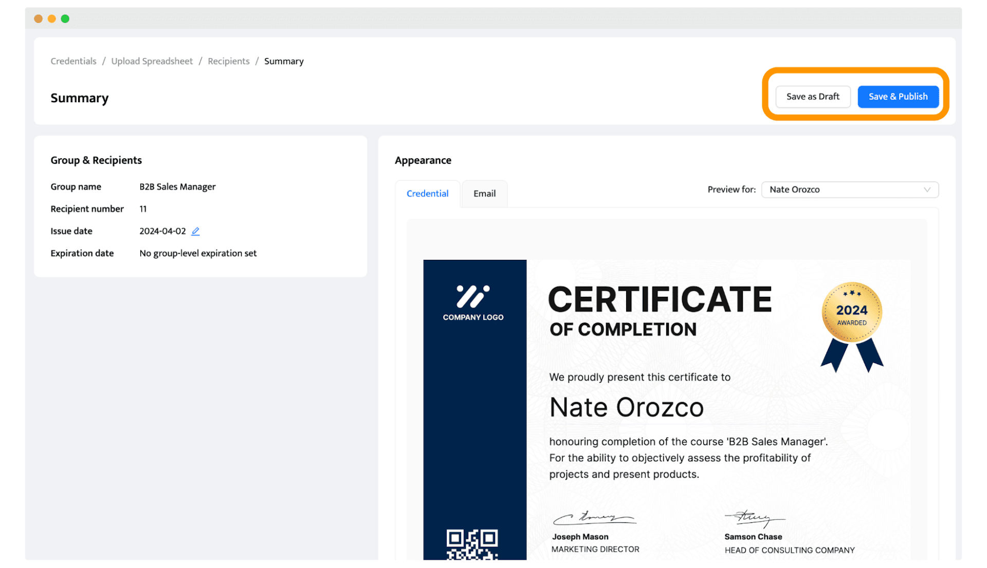 Saving the certificate design and sending them out.