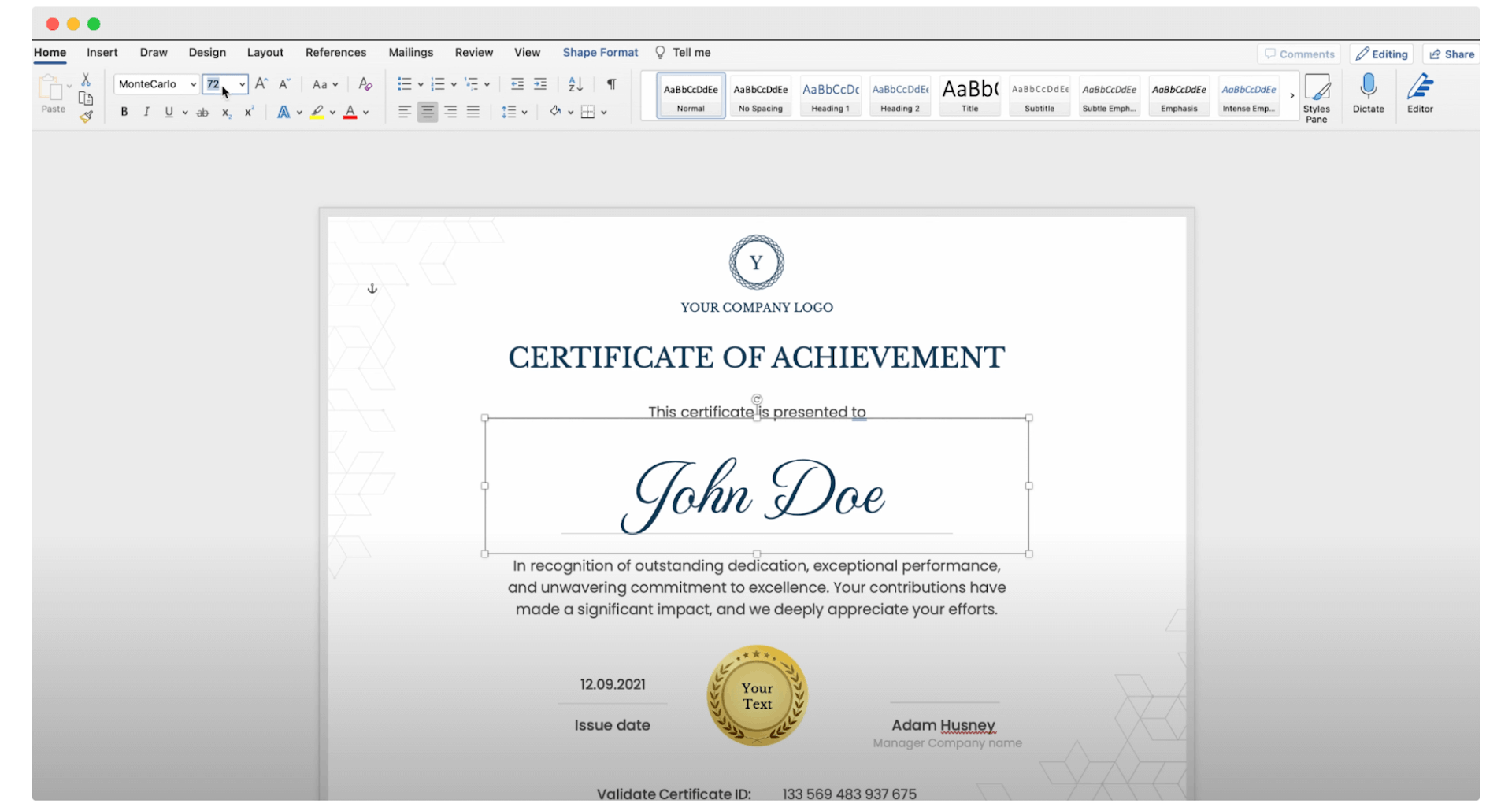 Changing the recipient's name on the certificate in Word.