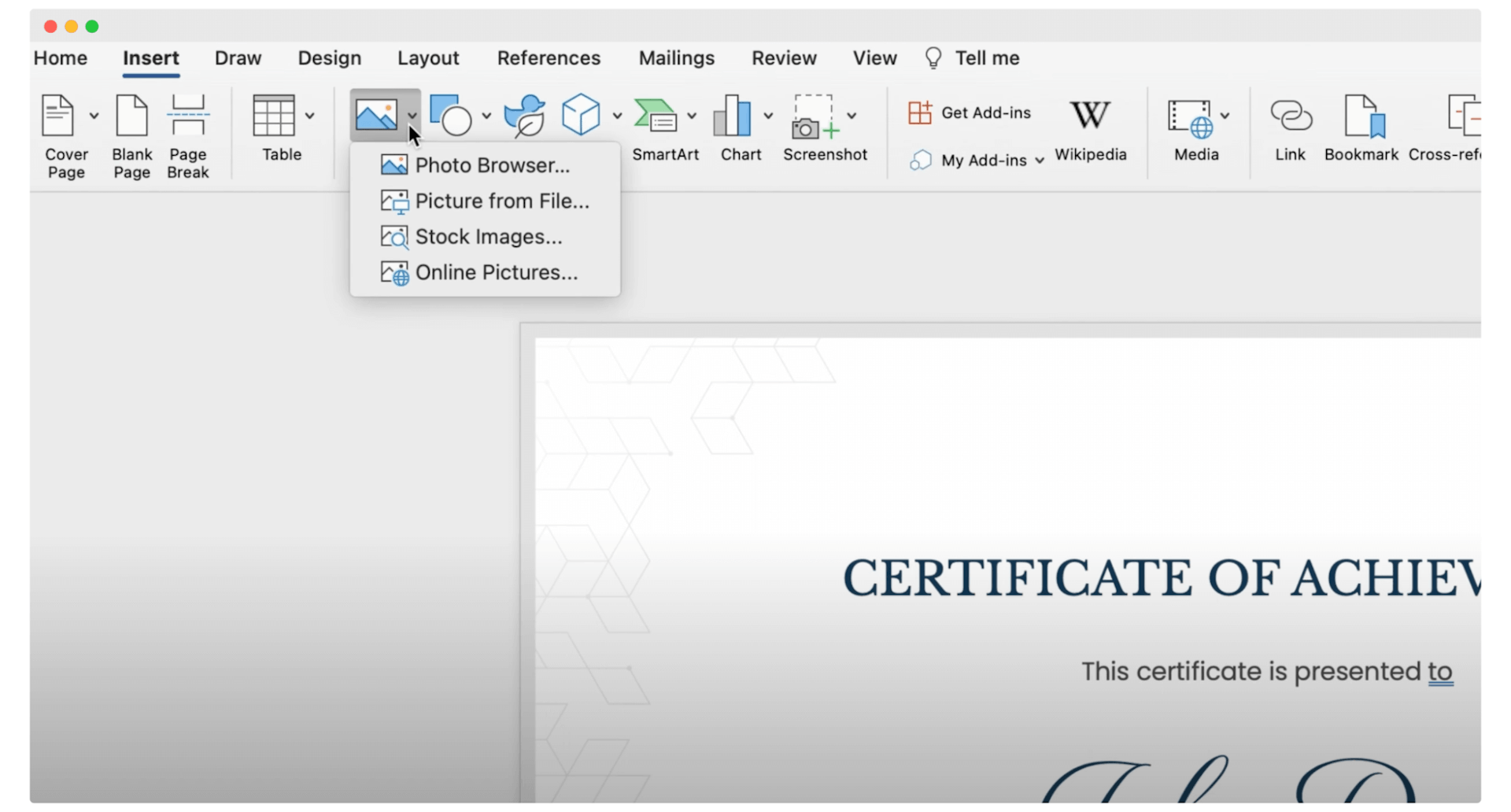Inserting the company's logo on the certificate in Word.