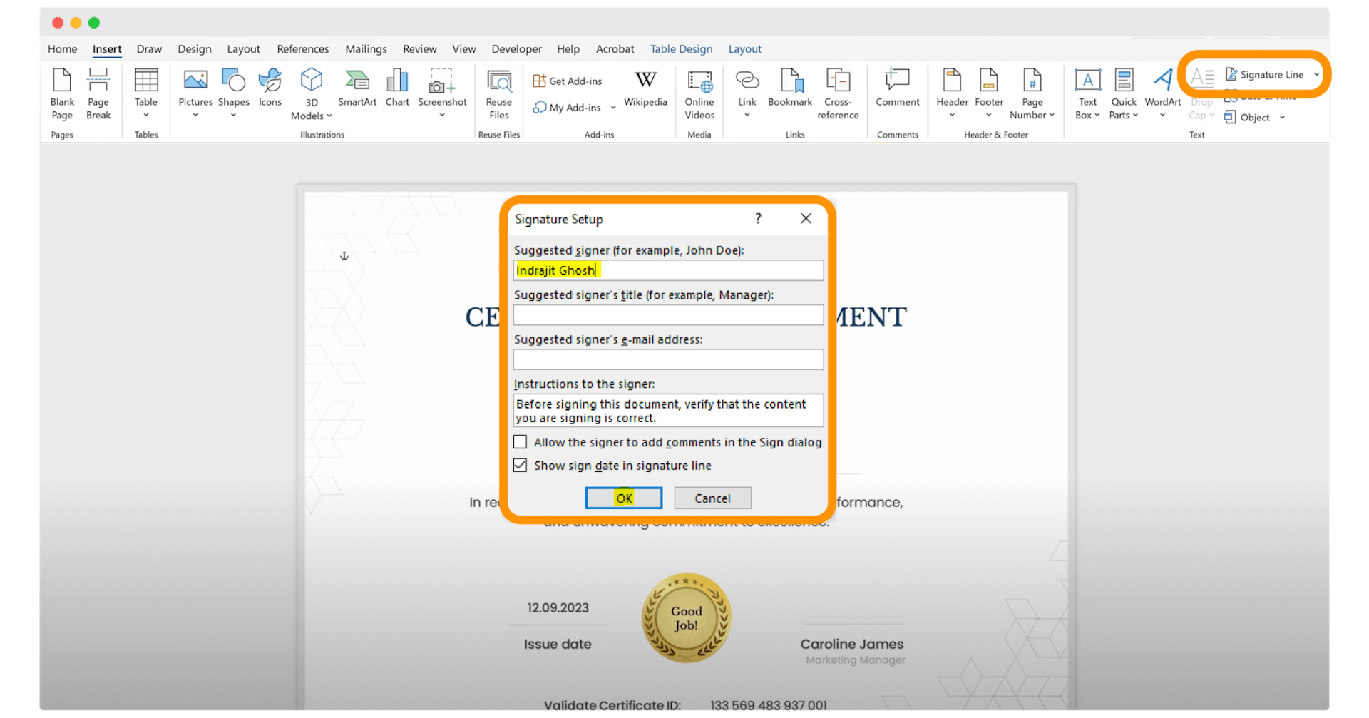 Adding the signature to certificate in Word.