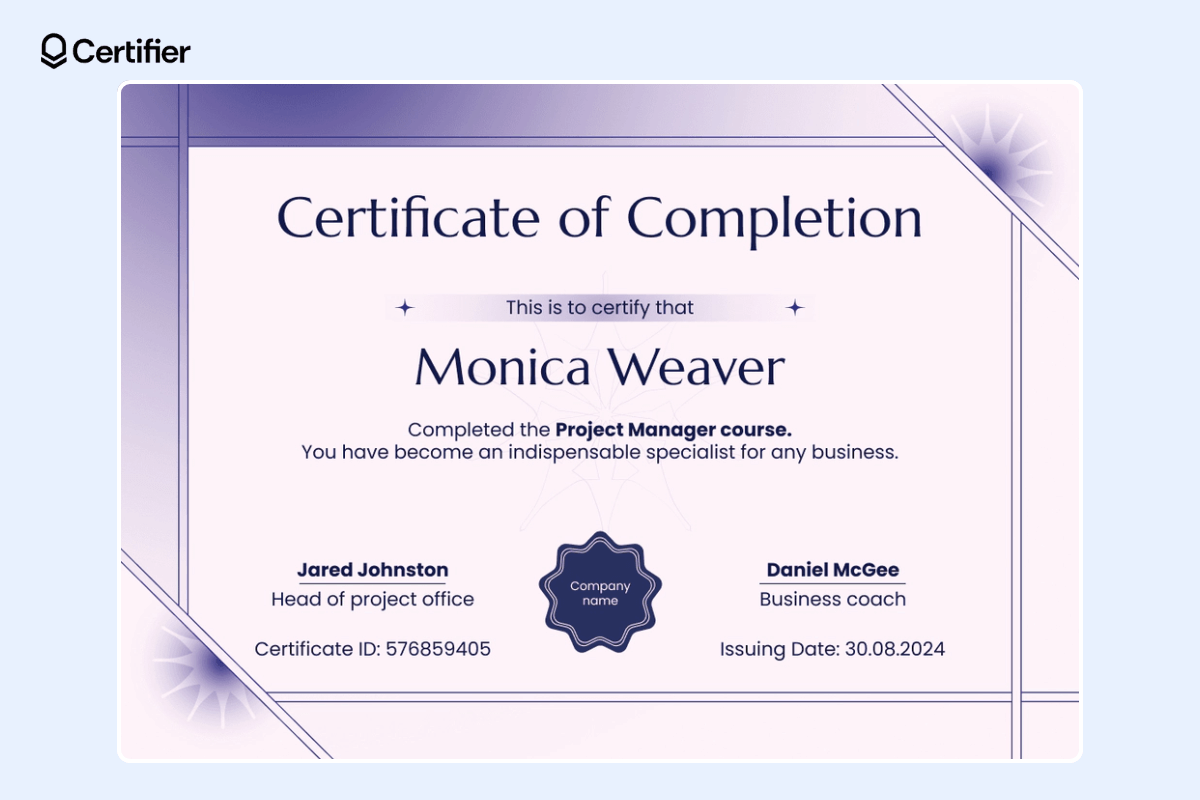 Violet and decorative webinar certificate of completion that user can download from the Certifier library of webinar templates.