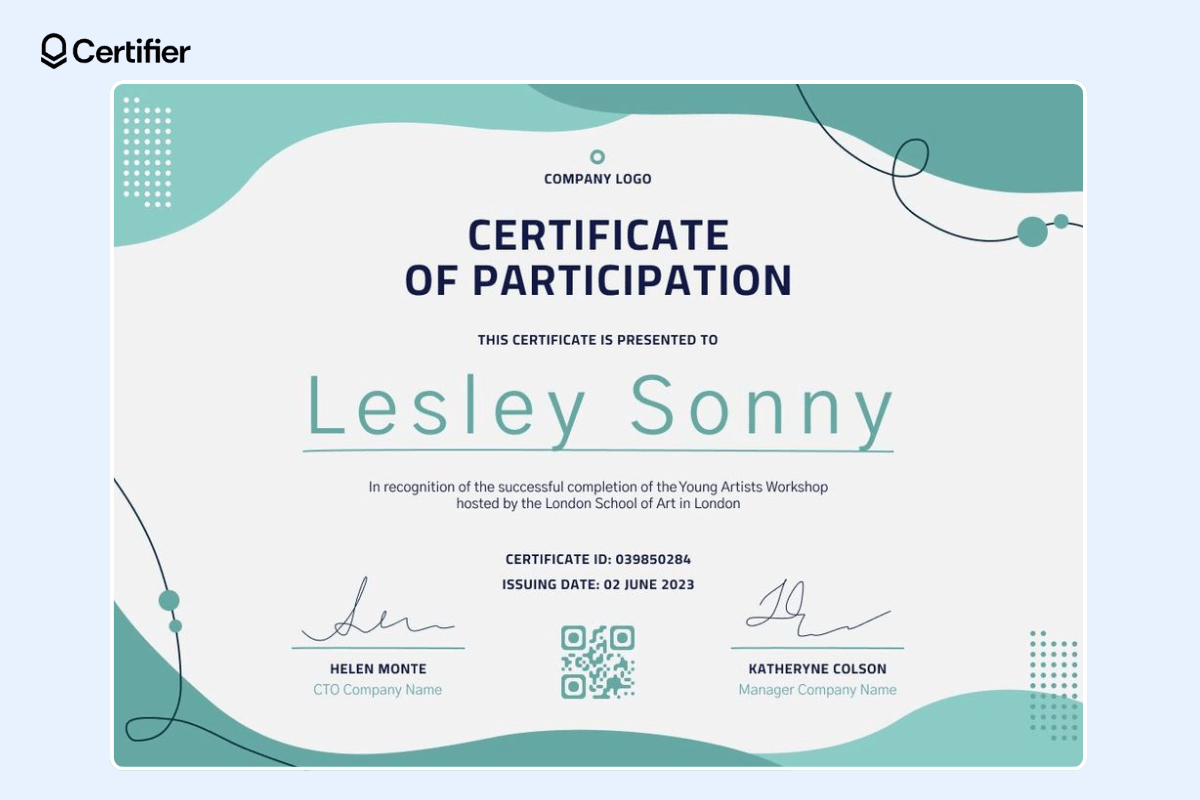 Webinar certificate of participation template in light blue colors, with a QR code and dedicated places for the signatures.